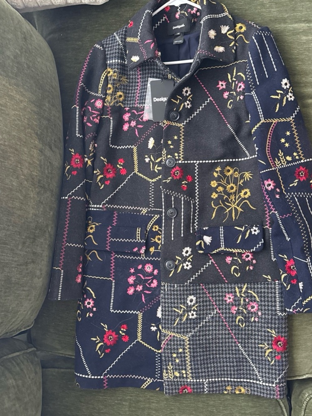 Desigual Black Pea Coat with Pink & Yellow Floral Patchwork